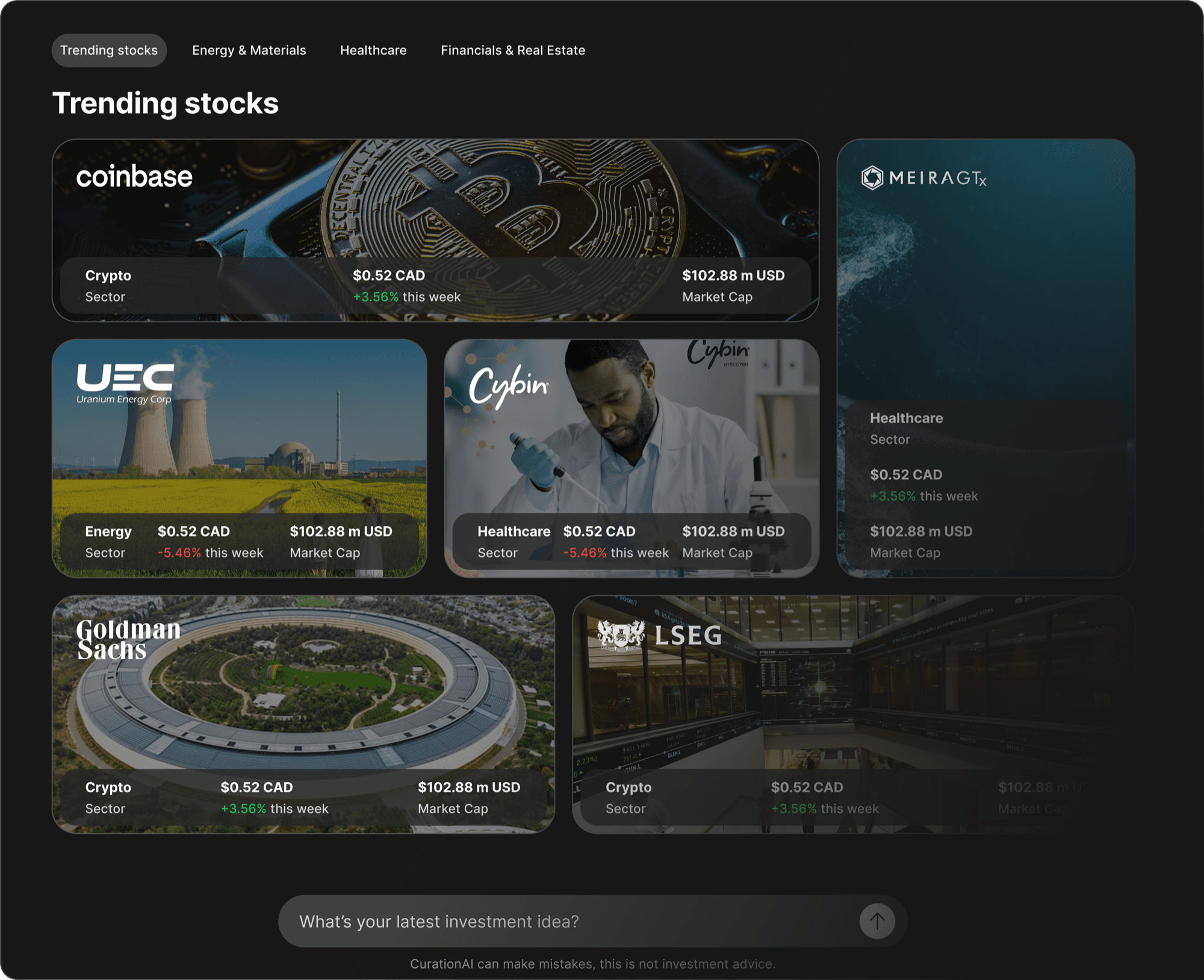 The Stock Discovery page: trending stock tiles with sector, price and market cap