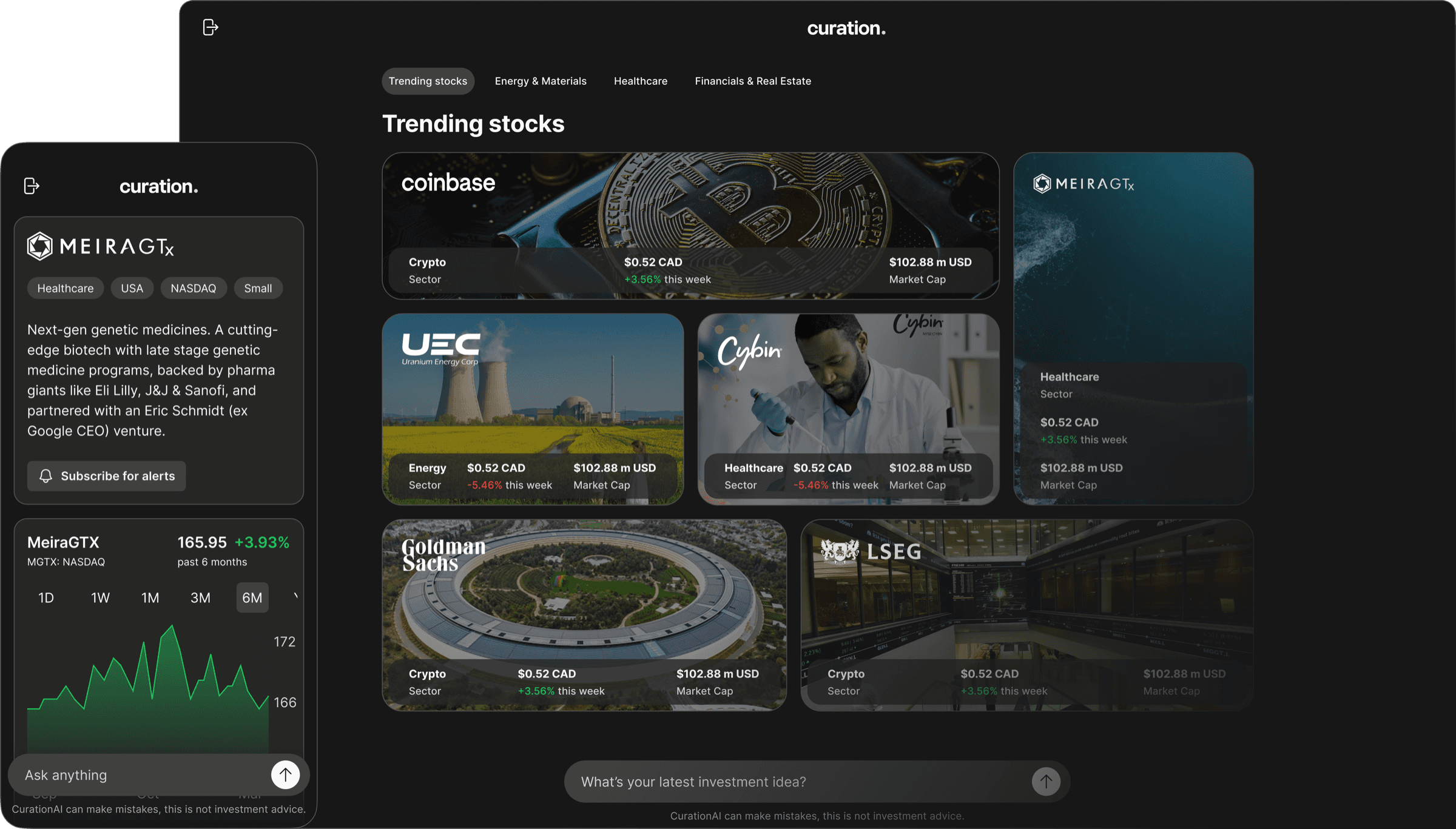 Curation product: a trending-stocks discovery grid on desktop and an AI stock showcase on mobile